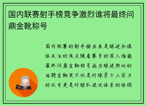 国内联赛射手榜竞争激烈谁将最终问鼎金靴称号