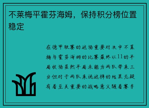 不莱梅平霍芬海姆，保持积分榜位置稳定