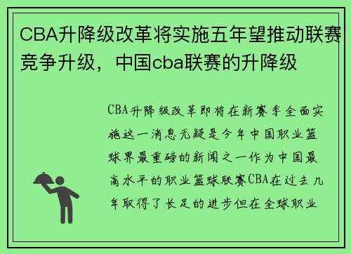 CBA升降级改革将实施五年望推动联赛竞争升级，中国cba联赛的升降级