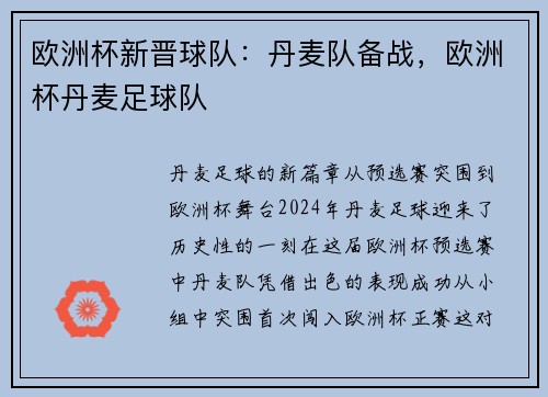 欧洲杯新晋球队：丹麦队备战，欧洲杯丹麦足球队