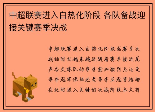 中超联赛进入白热化阶段 各队备战迎接关键赛季决战