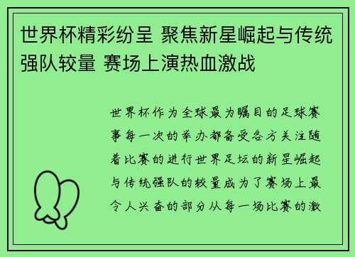 世界杯精彩纷呈 聚焦新星崛起与传统强队较量 赛场上演热血激战