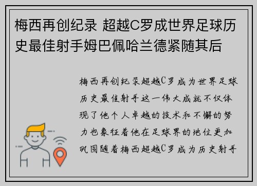梅西再创纪录 超越C罗成世界足球历史最佳射手姆巴佩哈兰德紧随其后