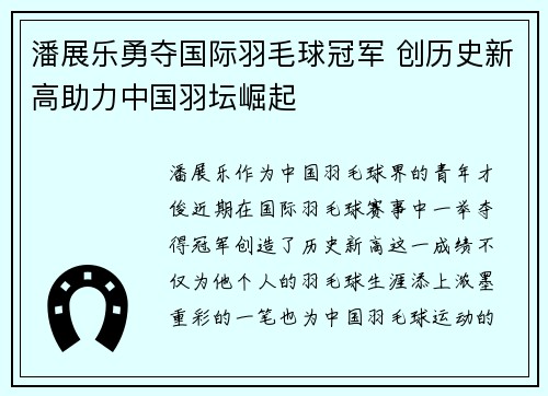 潘展乐勇夺国际羽毛球冠军 创历史新高助力中国羽坛崛起
