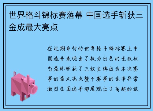 世界格斗锦标赛落幕 中国选手斩获三金成最大亮点