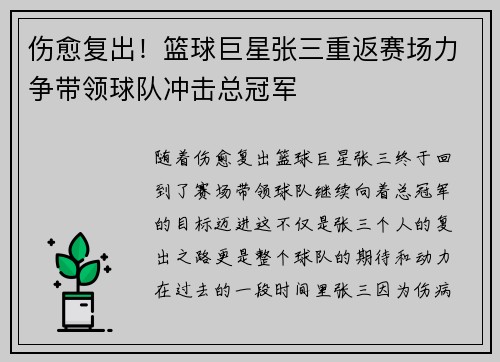 伤愈复出！篮球巨星张三重返赛场力争带领球队冲击总冠军