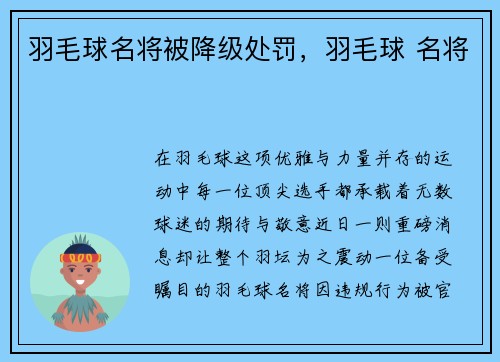 羽毛球名将被降级处罚，羽毛球 名将