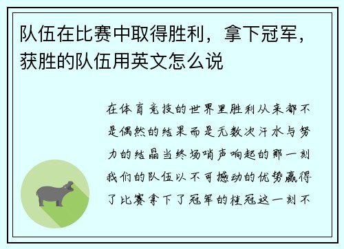 队伍在比赛中取得胜利，拿下冠军，获胜的队伍用英文怎么说