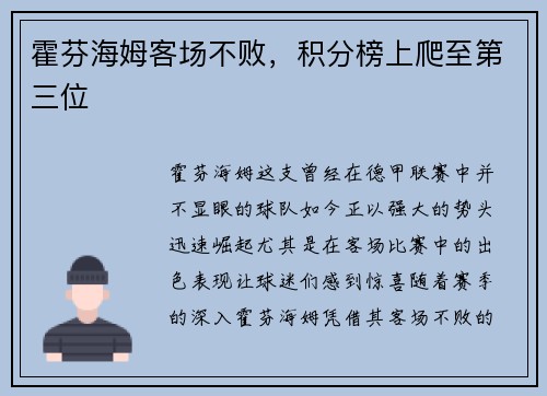 霍芬海姆客场不败，积分榜上爬至第三位
